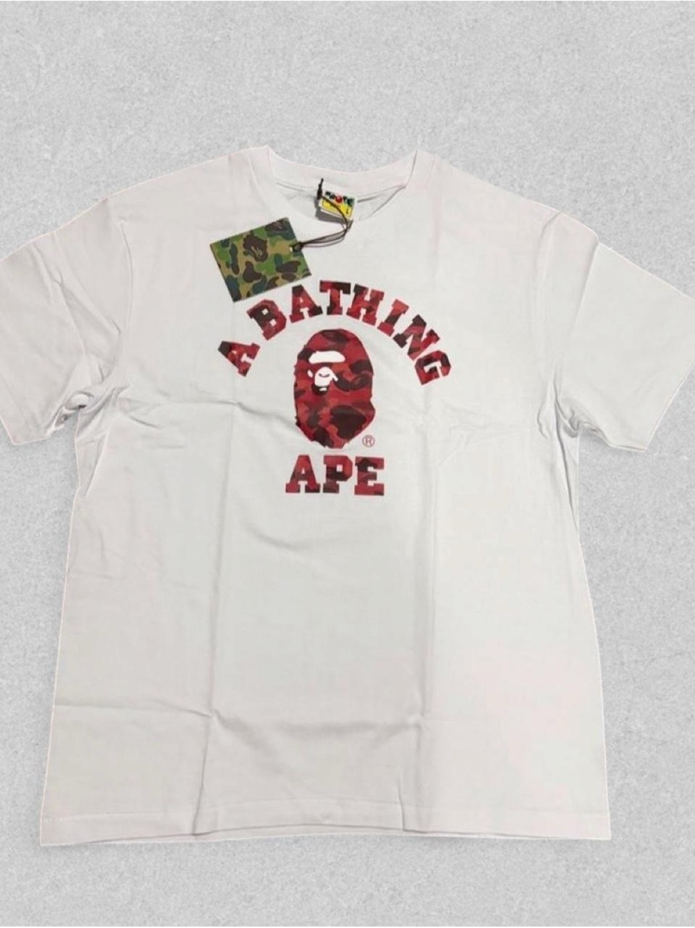 Bape White Tee with Red Camo Ape Head Logo